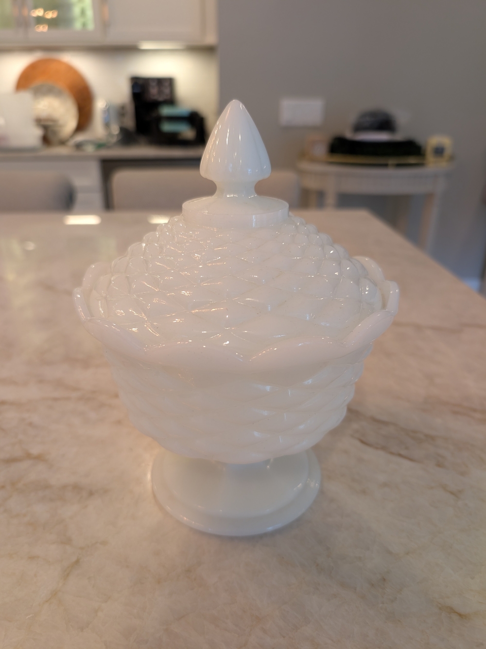 Anchor Hocking White Milk Glass Lidded Compote with Woven Pattern